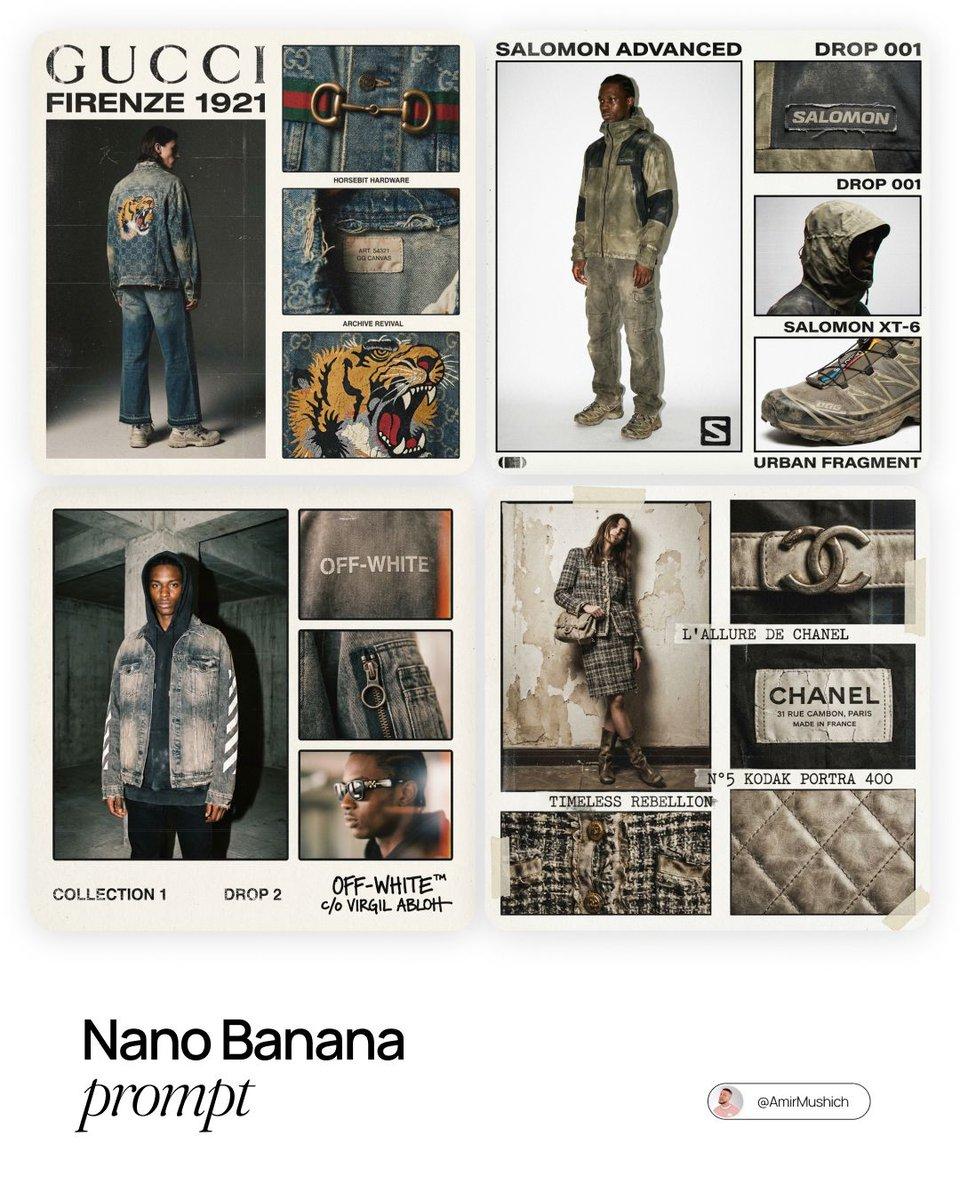 [BRAND NAME]. Act as a Creative Director and Brand Strategist.  PHASE 1: CONCEPT & COMPOSITION.  Create a multi-panel fashion lookbook collage (grid layout) on a clean off-white background.   - Main Shot: A full-body editorial pose of a model wearing a signature [BRAND NAME] p...