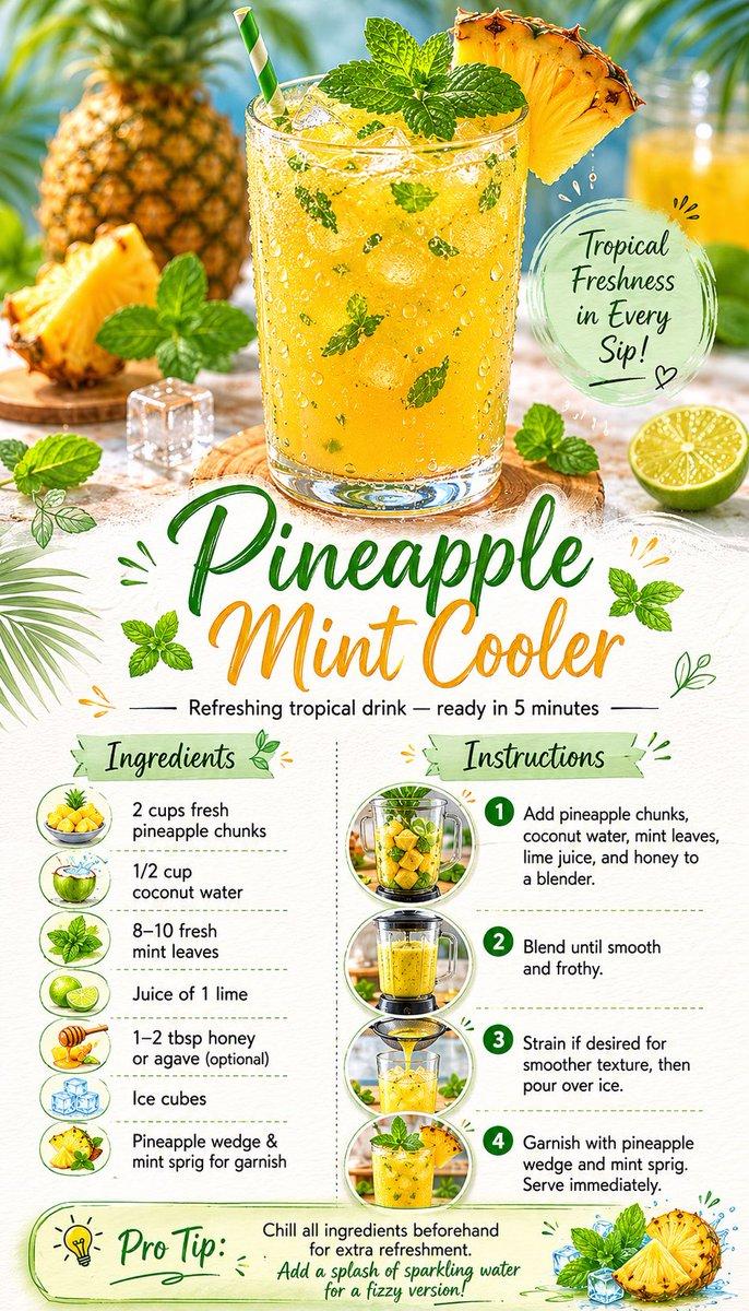 Create a beautiful, vertical recipe card for "Pineapple Mint Cooler" as a vibrant summer refresher. Use a clean minimalist artistic style with bright tropical colors — sunny yellow, fresh green, and soft turquoise accents on a white textured background with subtle palm leaf pa...