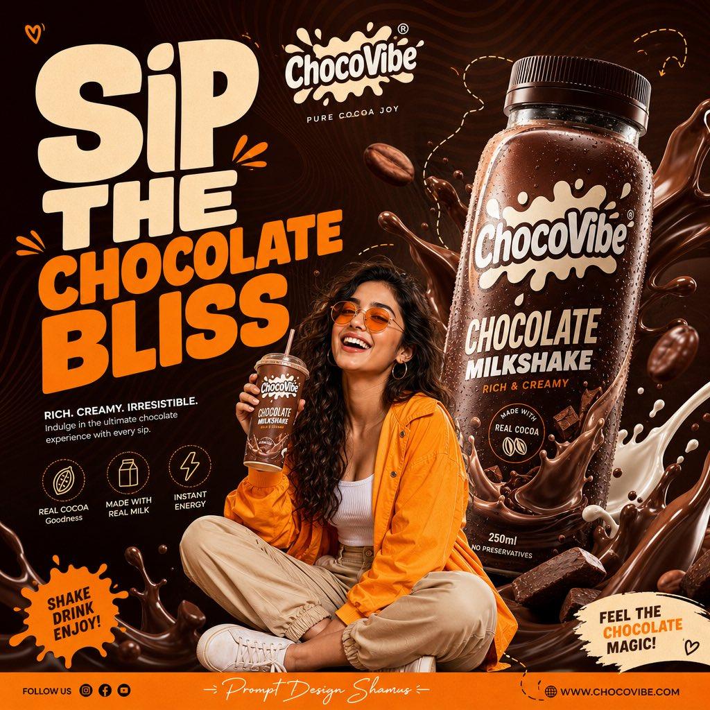 Create a premium Gen-Z commercial advertising poster for a **Chocolate Milkshake** brand. **STYLE & ART DIRECTION:** Bold Gen-Z commercial advertising aesthetics, modern ecommerce campaign visuals, premium social-media branding, playful editorial composition, youthful lifesty...