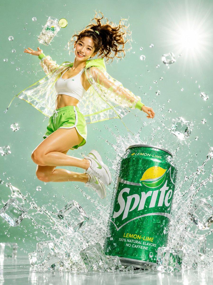 A young woman mid-air jumping pose, high ponytail flying, pure excitement on her face, wearing a white crop top, neon green athletic shorts, transparent PVC windbreaker with lime accents, white sneakers with green details. She tosses an iced drink glass upward with one hand wh...