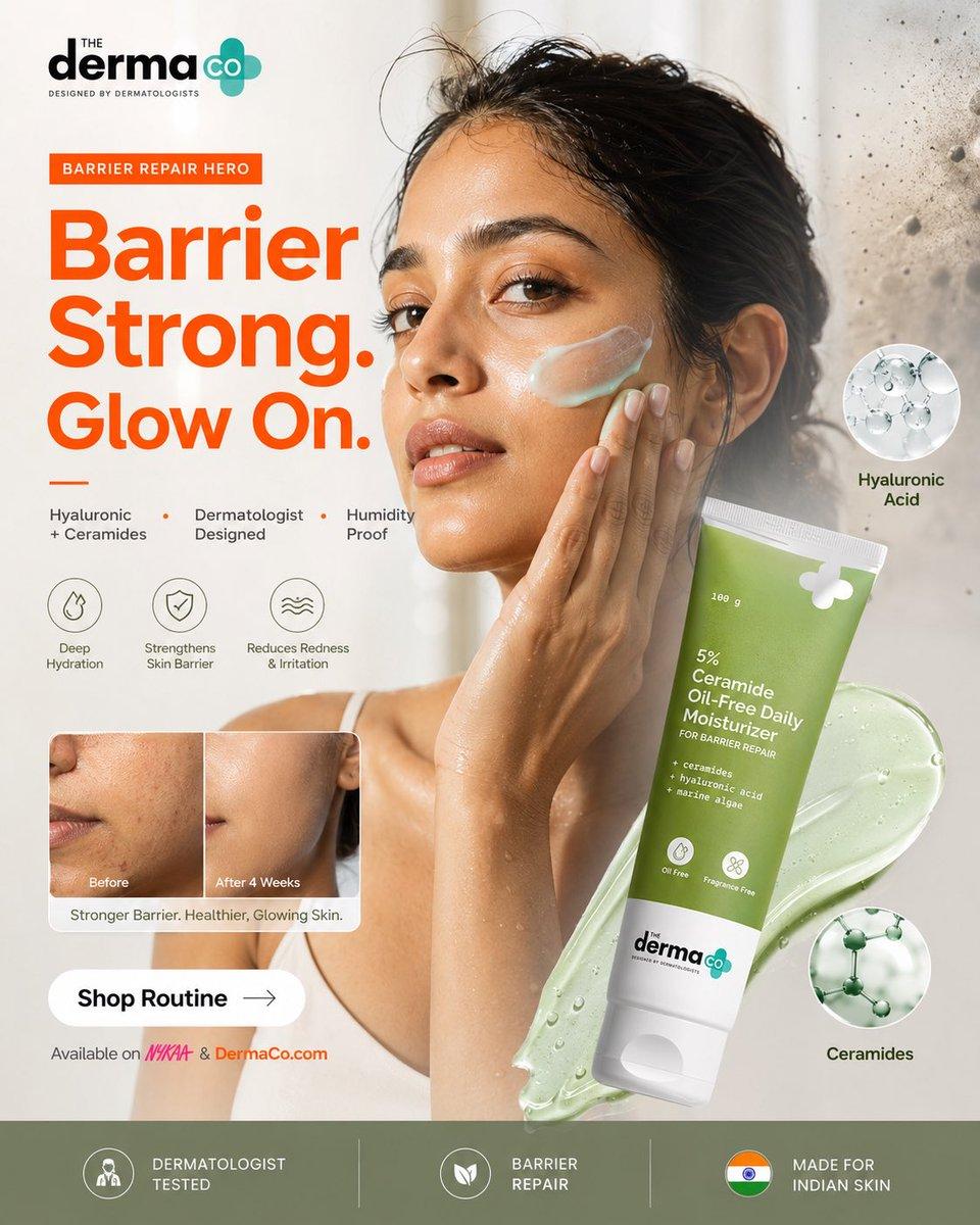 PROMPT — Derma Co Barrier Repair Hero SMM Poster (Inspired by Provided Image) FORMAT: 4:5 vertical premium social media advertisement hyper-realistic commercial beauty photography official The Derma Co campaign aesthetic Instagram hero post / carousel opener ultra-clean Swiss...