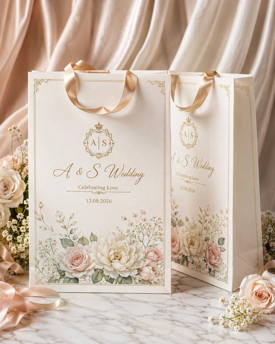 Create a high-end luxury wedding gift bag mockup in a clean premium studio setting. Design an elegant ivory/off-white paper wedding bag with champagne satin ribbon handles, realistic paper texture, soft shadows, and premium lighting. Show one main bag facing forward and a sec...