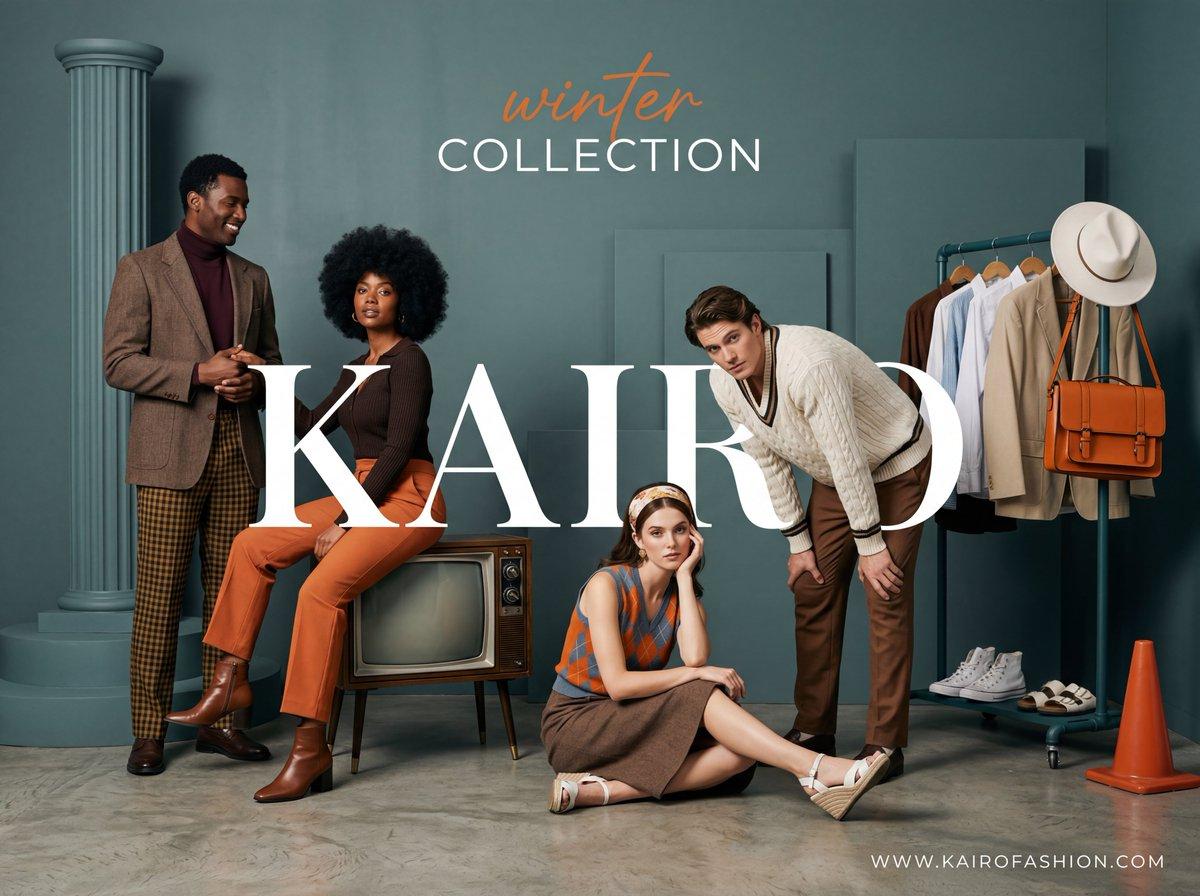 A wide-angle, studio fashion advertisement with a sophisticated retro-modern aesthetic. The scene is set against a monochromatic teal-grey (#506D6D) architectural backdrop featuring minimalist geometric props, including a fluted column and stepped circular platforms. The light...