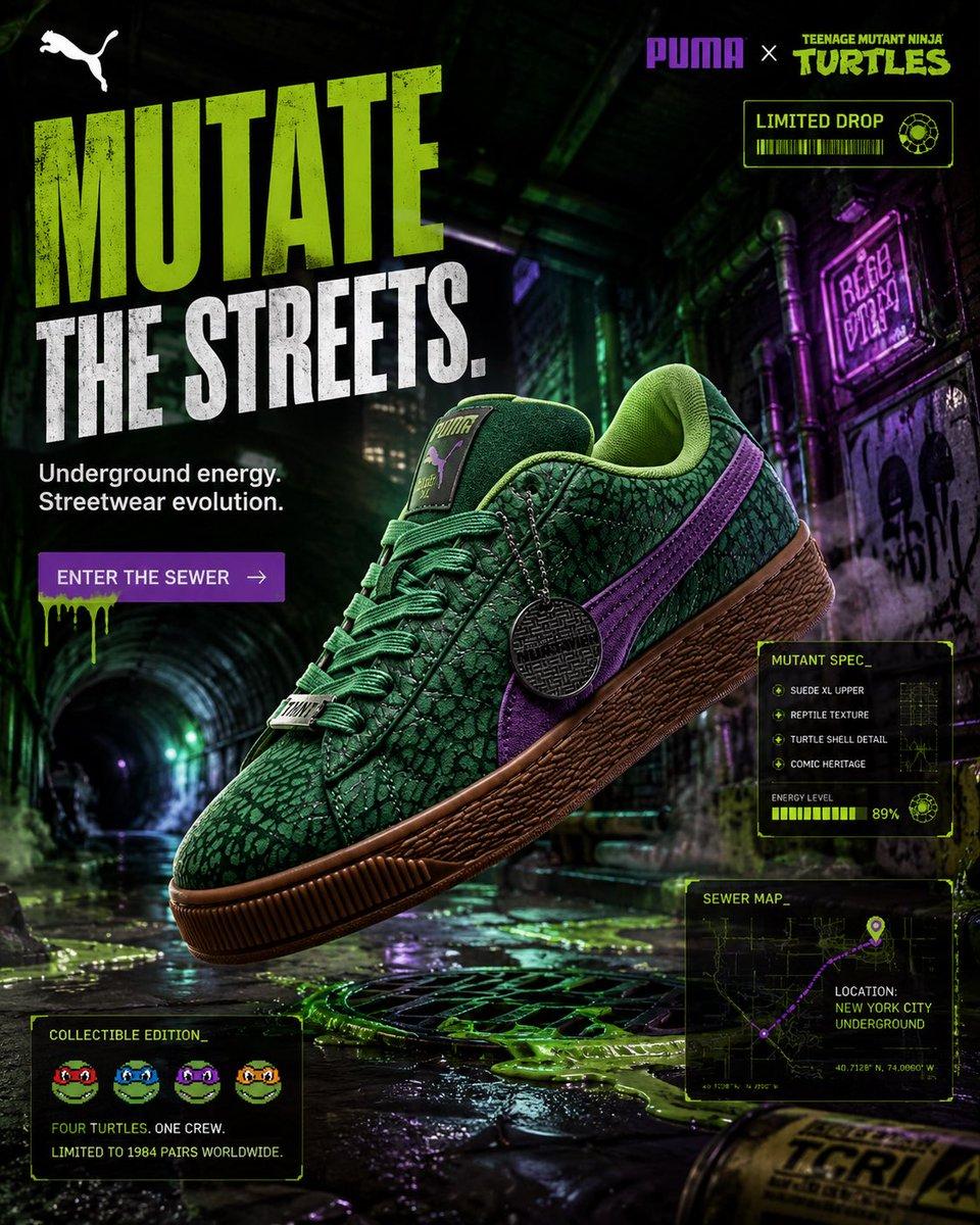FORMAT: 4:5 vertical premium sneaker SMM campaign hyper-realistic streetwear advertising luxury comic-culture fashion editorial Instagram billboard composition 8K ultra-detail CONCEPT: PUMA adapts the Teenage Mutant Ninja Turtles identity through elevated street-luxury storyt...